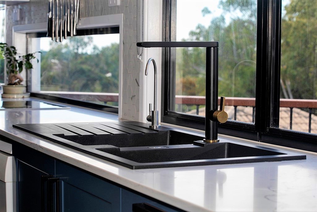 Black tap and sink kitchen renovation in Narangba by Modern Kitchens Northside Brisbane