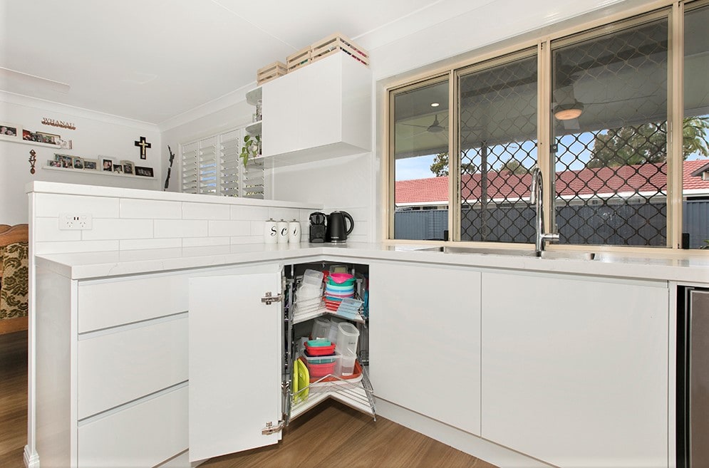 Space Saving Corner kitchen cabinet at Modern Kitchens Northside Brisbane