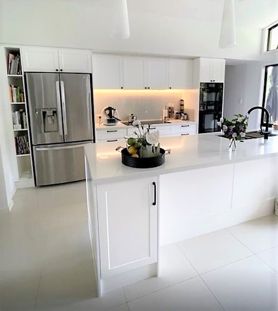 hamptons light and bright kitchen renovation with routed panels at Modern Kitchens Northside Brisbane